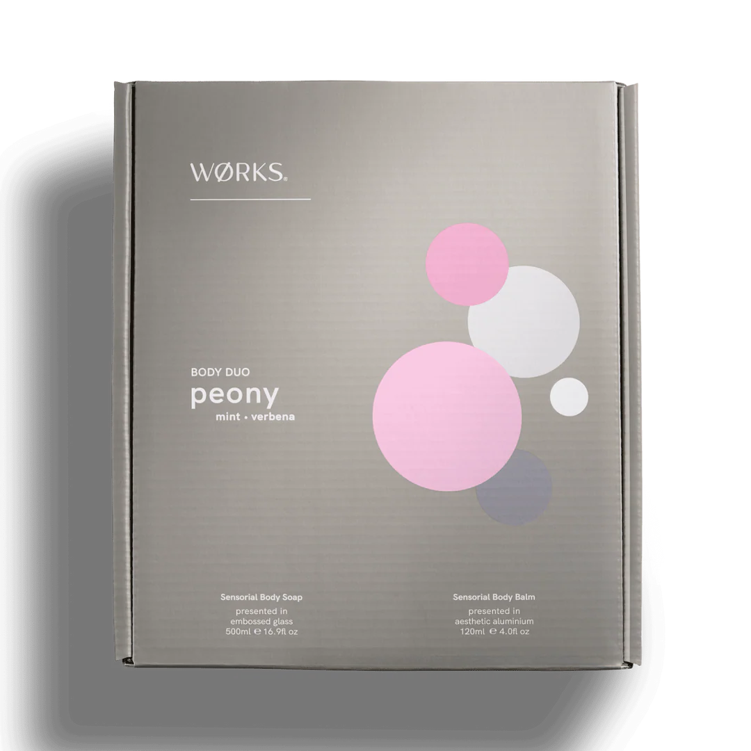 Works body duo packaging with pink and white spheres on a gray background