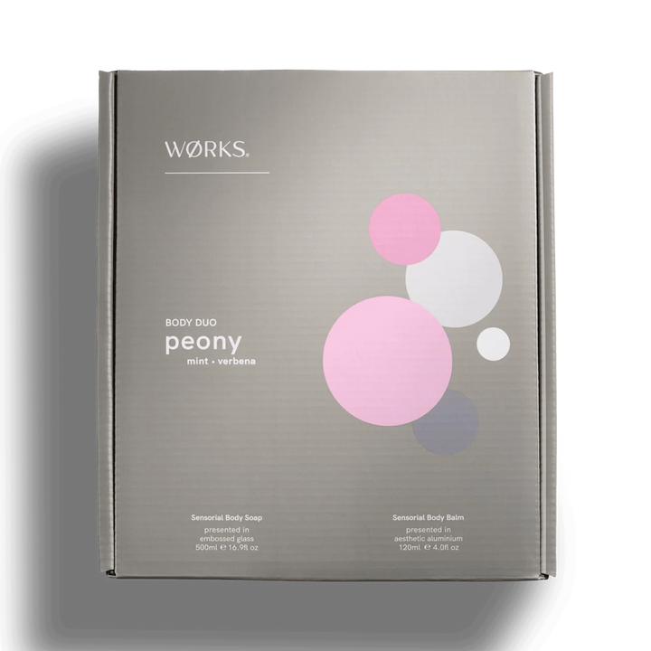 Works body duo packaging with pink and white spheres on a gray background
