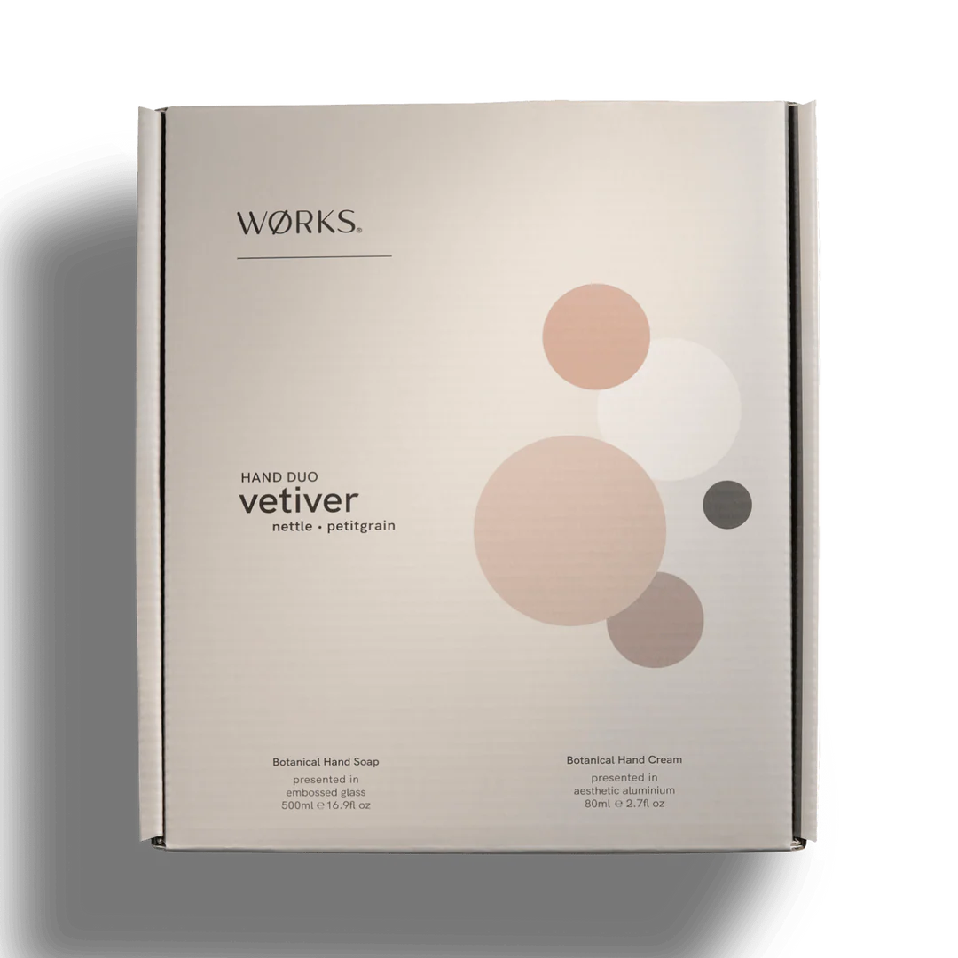 Works hand soap and cream set packaging with abstract circles on a light background