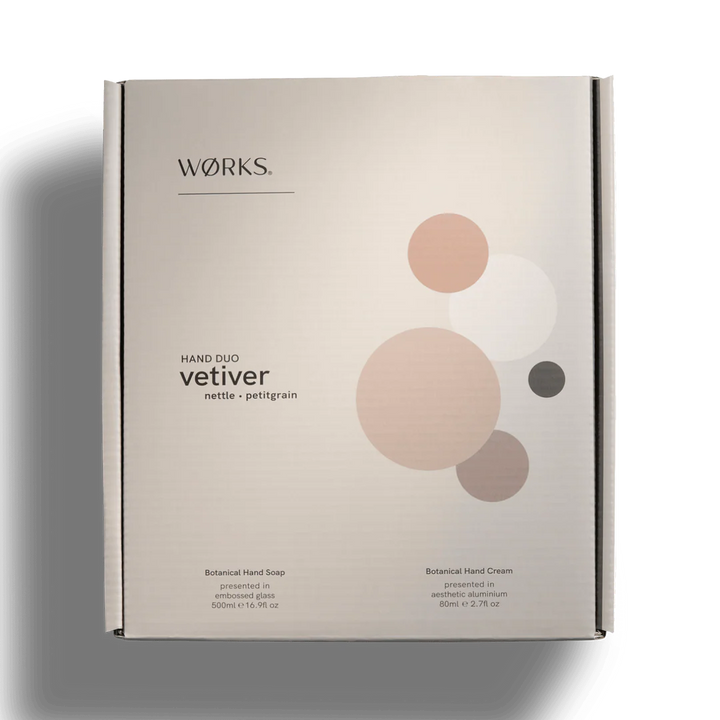 Works hand soap and cream set packaging with abstract circles on a light background