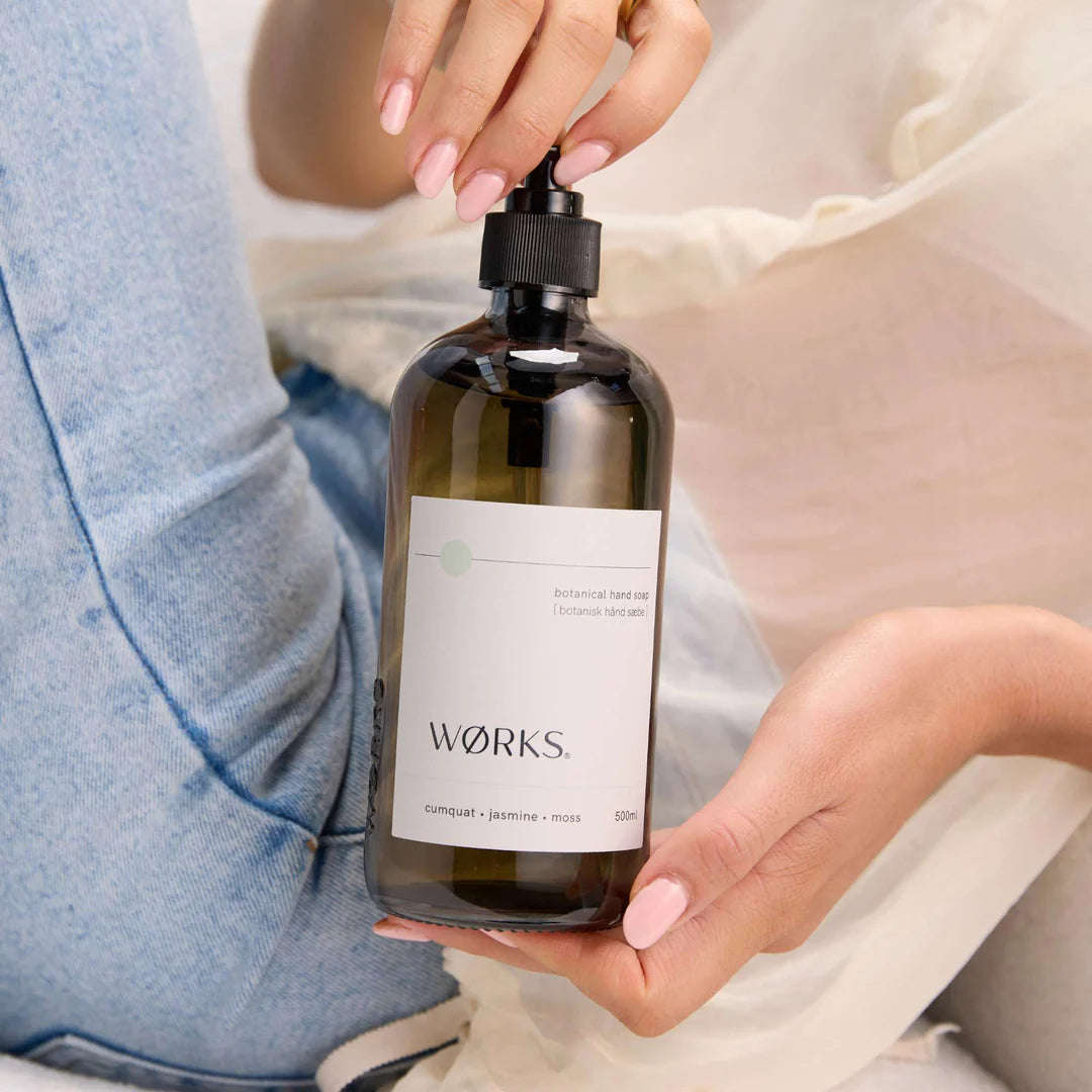 Person holding a bottle labeled 'Works' with a neutral background