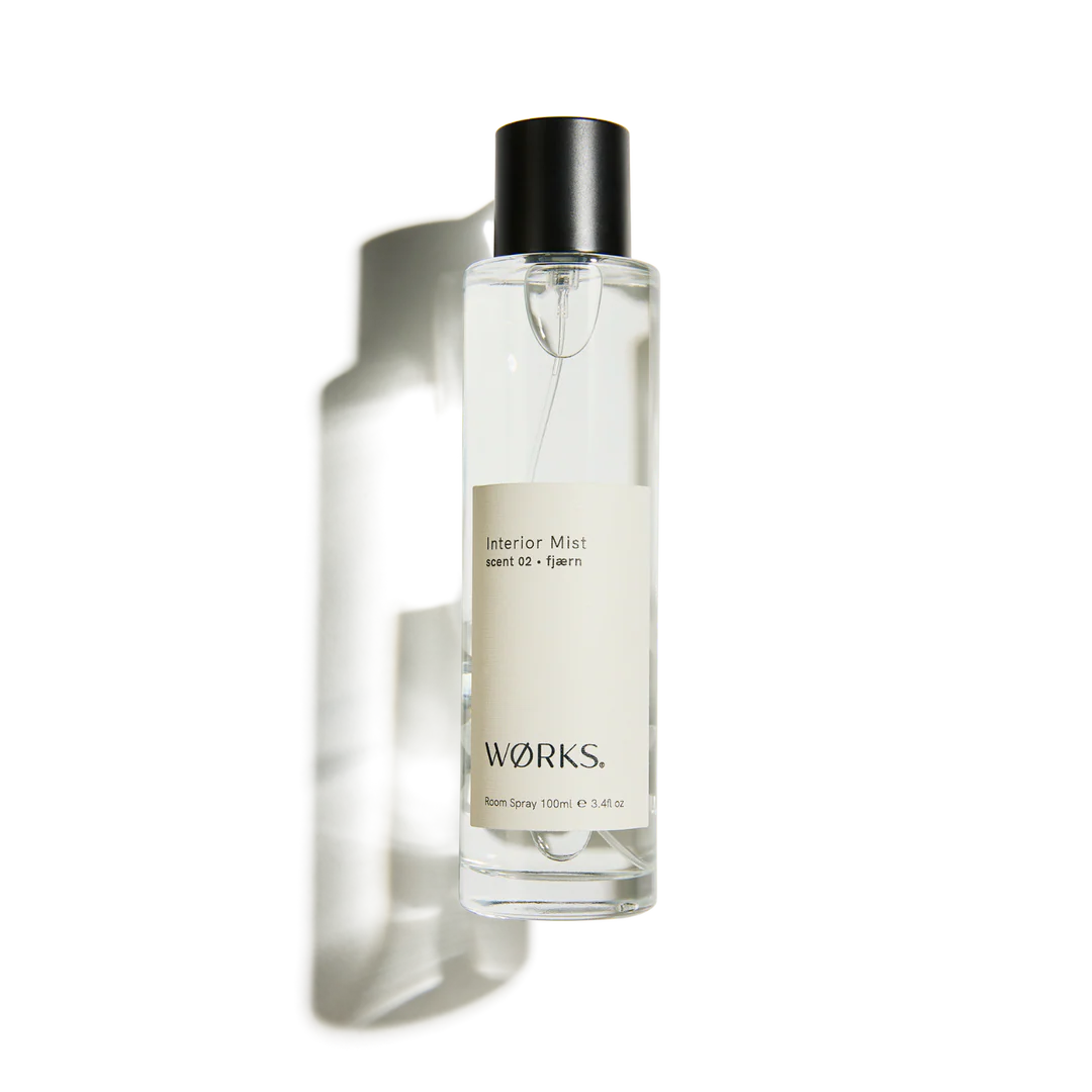 Clear spray bottle with black cap labeled 'works' on a white background