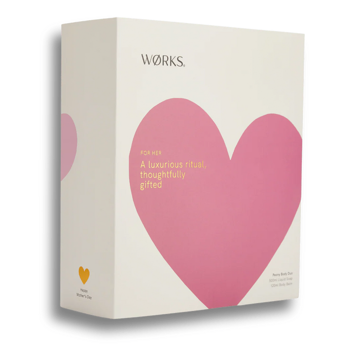 Works giftbox with white background and big pink heart