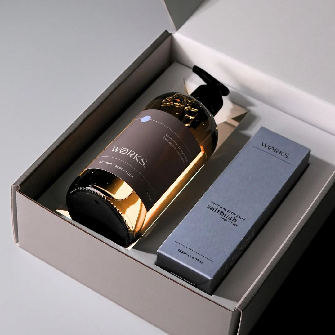 Bottle and box with 'WORKS' branding in a box on a light background