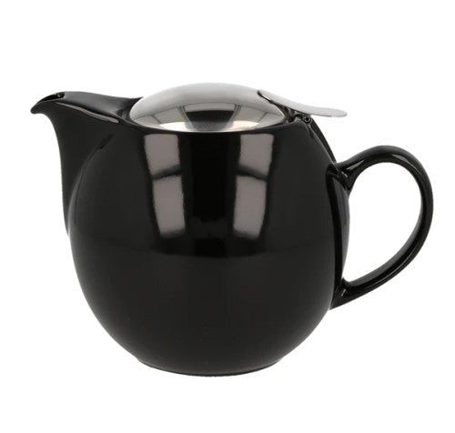 Black ceramic teapot with stainless steel lid on a white background
